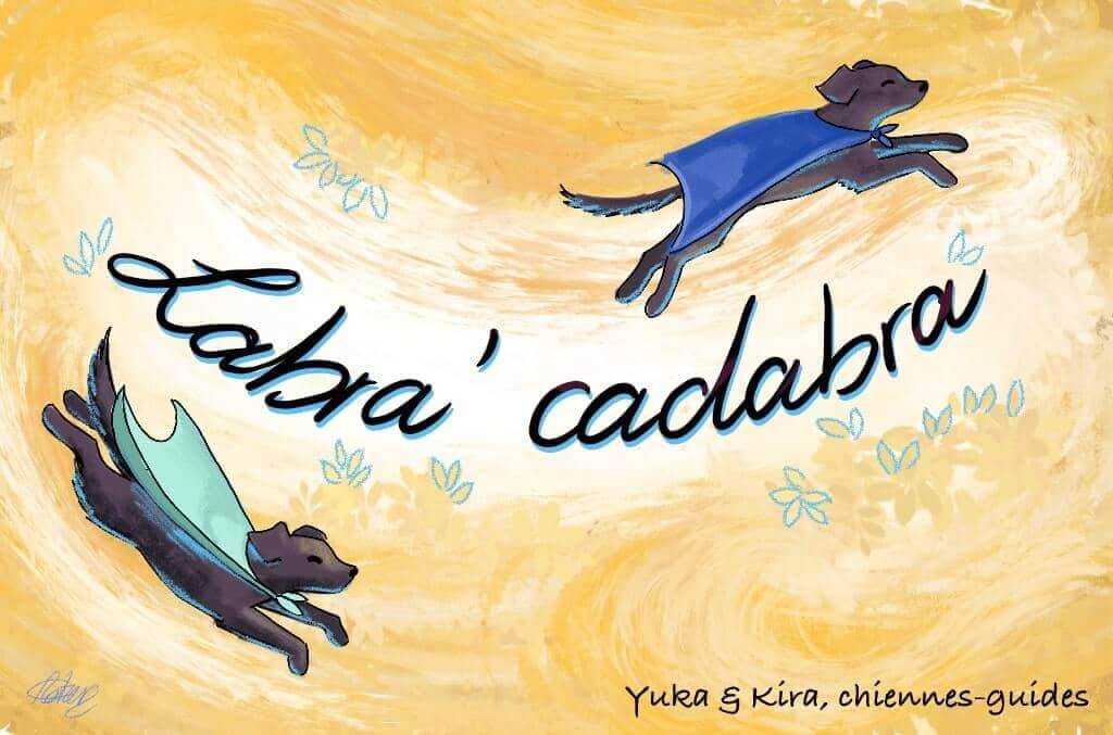 Dans cette nouvelle illustration de Chloé,
            Yuka et Kira portent chacune une cape de super-héroïne, bleu azur pour l'une,
            bleu foncé pour l'autre, et volent, telles des magiciennes, autour de 
            l'inscription Labracadabra... Yuka et Kira, chiennes-guides! Il s’agit du titre de mon blogue, dont le lien, 
            pour le visiter, se situe juste au-dessous