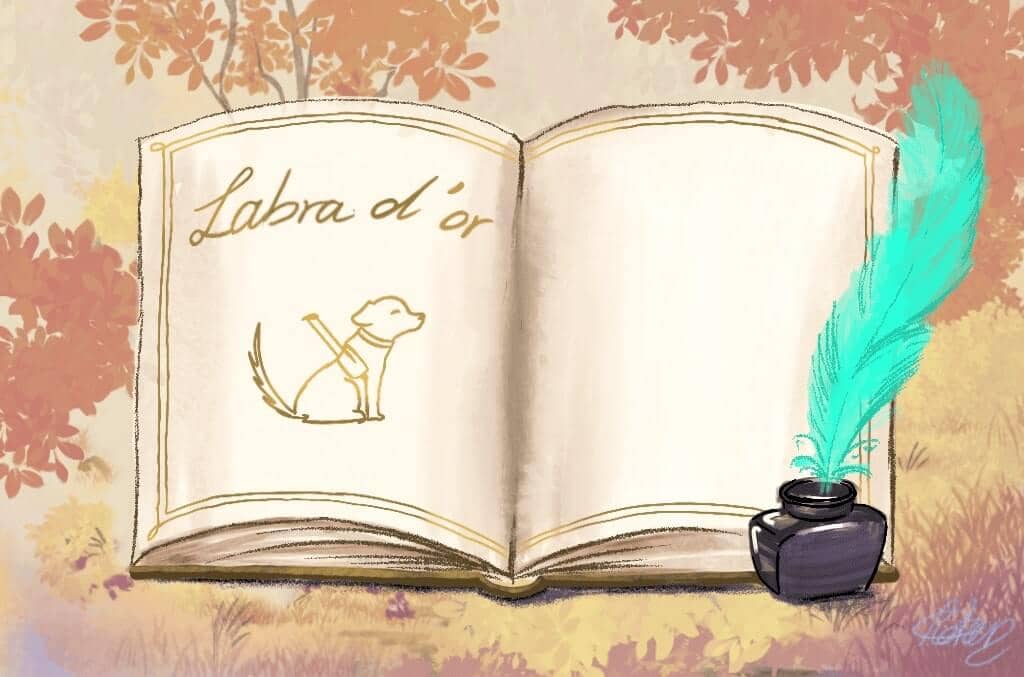 Sur le même arrière-plan que l'illustration principale, un
            livre à la bordure dorée avec une plume baignant dans un encrier.
            Sur la première page, en lettres d'or 
            l'inscription : Labrad'or. Une apostrophe sépare les deux dernières
            lettres pour indiquer que ce sont des labra en or. Au-dessous, 
            un labrador portant son harnais de chien-guide a été représenté
            à l'encre dorée. Au-dessous, vous trouverez un lien à visiter, pour 
            pouvoir écrire,lorsque la page sera mise en place.