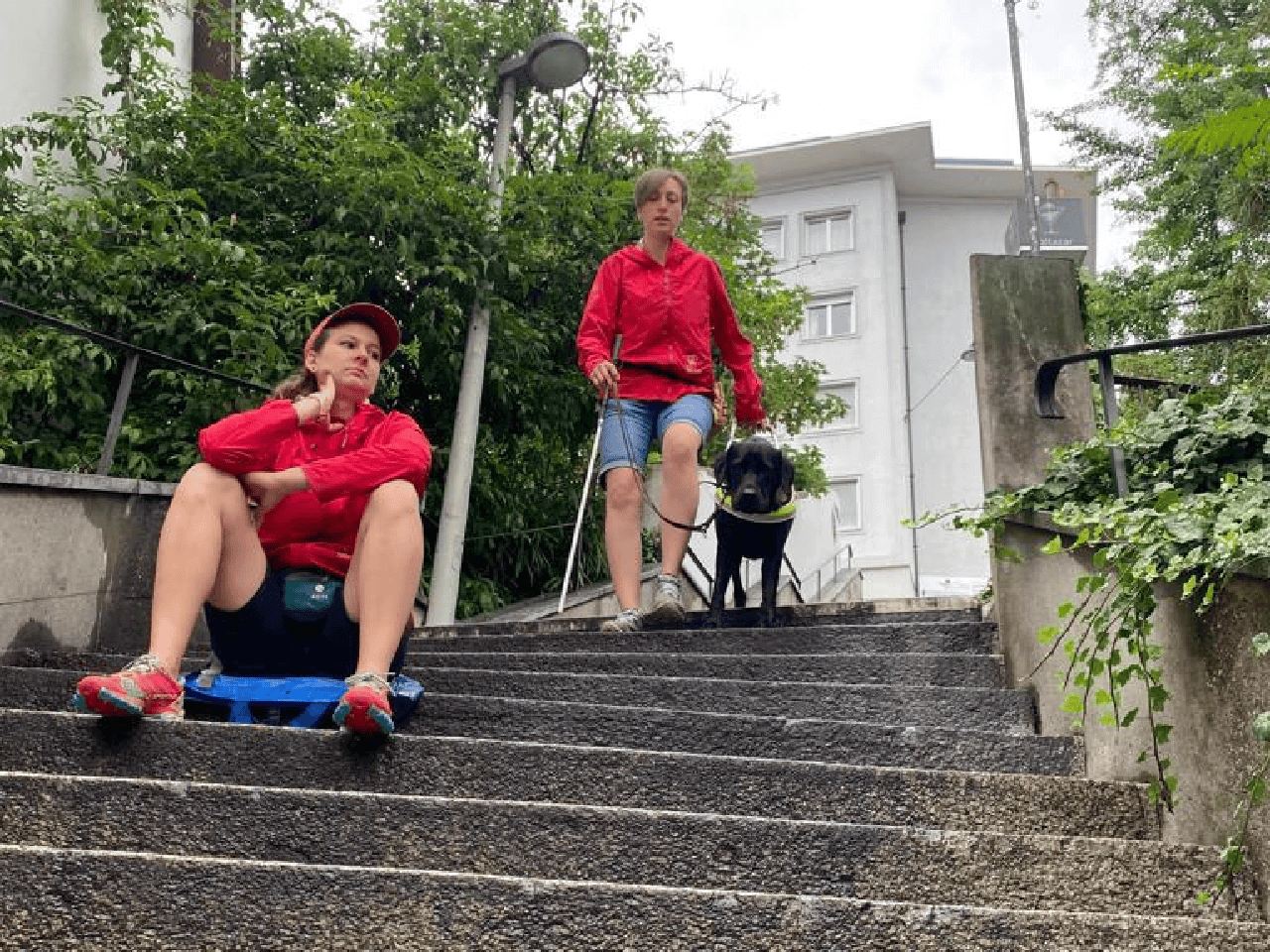 Sur cette photo nous voyons Kira et son éducatrice, Hannah, en train de s'exercer à descendre un escalier en contournant les personnes assises (un collègue s'y trouve avec un skate board à ses pieds). 